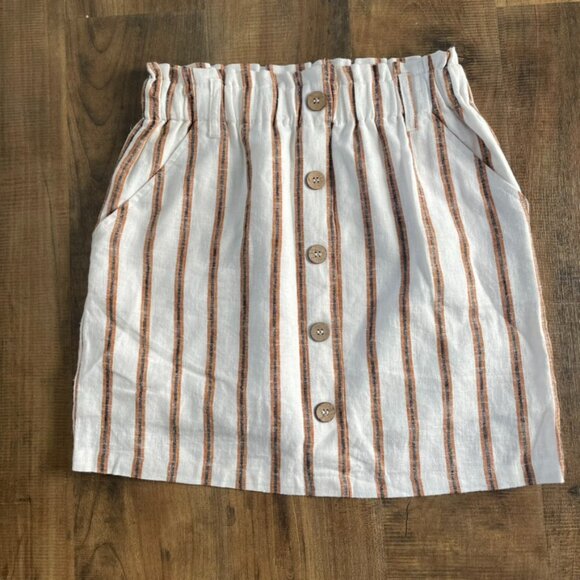 Love Tree Striped Button Front Mini Skirt White Tan Linen Blend Paperbag Waist S - Picture 1 of 5